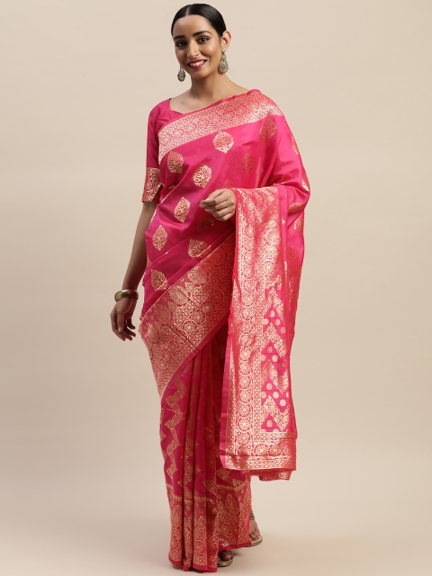 

LADUSAA Pink & Gold-Toned Woven Design Kanjeevaram Saree