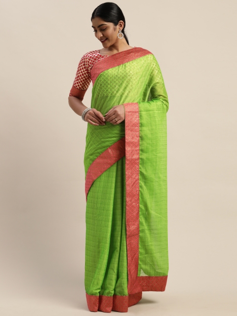 

LADUSAA Lime Green Solid Saree with Zari Border