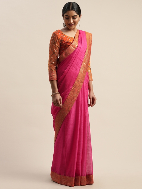 

LADUSAA Pink Solid Net Saree