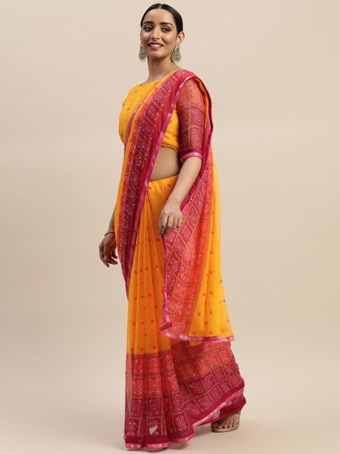 

LADUSAA Yellow & Red Printed Bandhani Saree