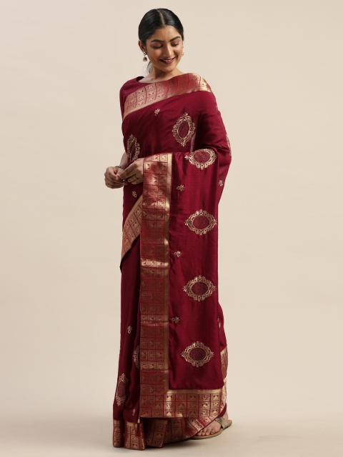 

LADUSAA Maroon Silk Blend Woven Design Kanjeevaram Saree
