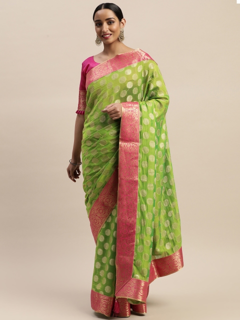 

LADUSAA Lime Green & Gold-Toned Woven Design Banarasi Saree