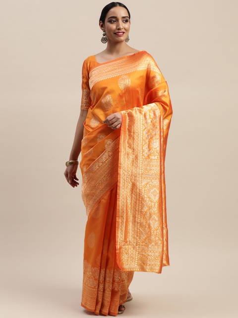 

LADUSAA Orange & Silver-Coloured Woven Design Kanjeevaram Saree