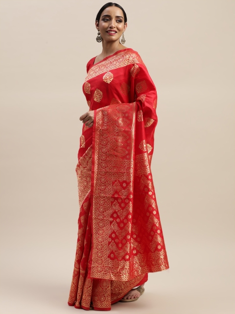

LADUSAA Red & Gold-Coloured Woven Design Kanjeevaram Saree