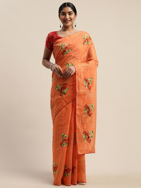 

LADUSAA Peach-Coloured Silk Blend Checked with Embroidery Chanderi Saree