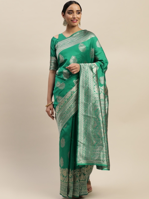 

LADUSAA Green & Silver-Coloured Woven Design Kanjeevaram Saree