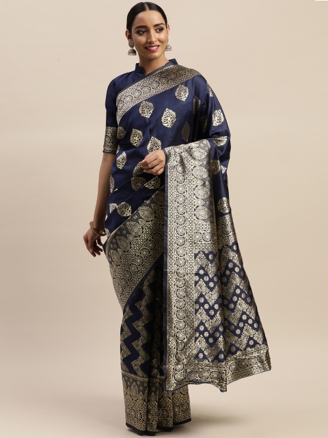 

LADUSAA Navy Blue & Gold-Toned Woven Design Kanjeevaram Saree