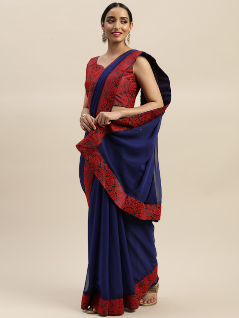 

LADUSAA Navy Blue & Maroon Solid Celebrity Saree