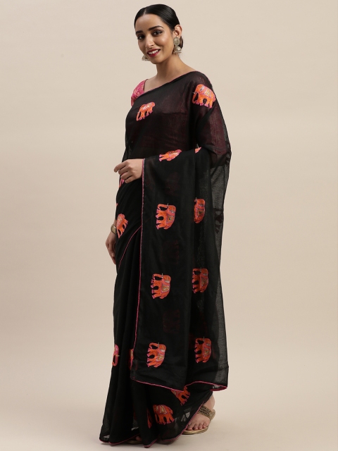 

LADUSAA Black Polycotton Embellished Chanderi Saree