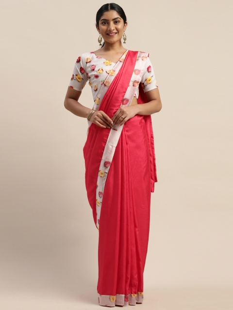 

LADUSAA Coral Pink Solid Saree
