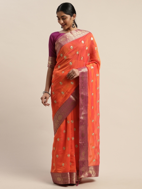 

LADUSAA Orange Embroidered Banarasi Saree