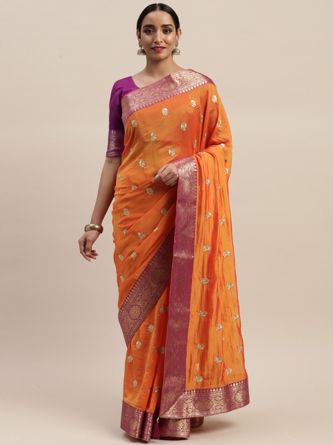 

LADUSAA Orange Nylon Woven Design Banarasi Saree