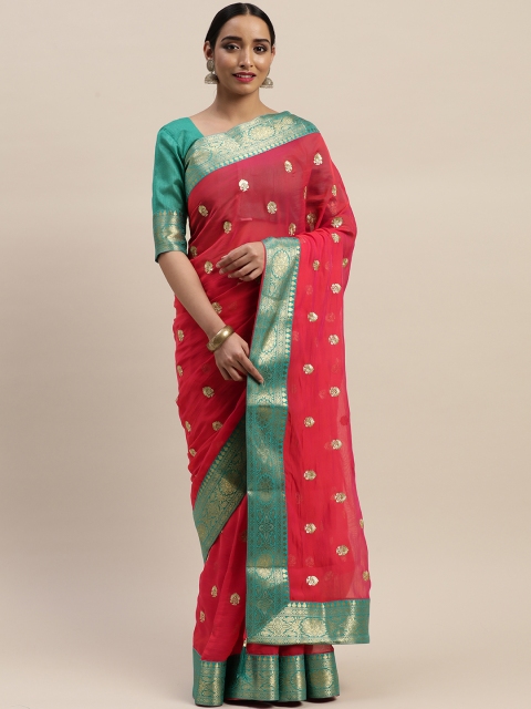 

LADUSAA Pink Nylon Woven Design Banarasi Saree