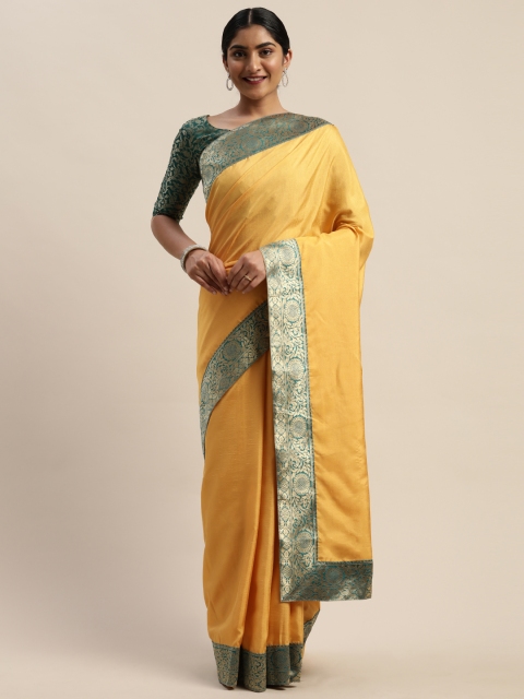 

LADUSAA Yellow Solid Pochampally Saree with Zari Border