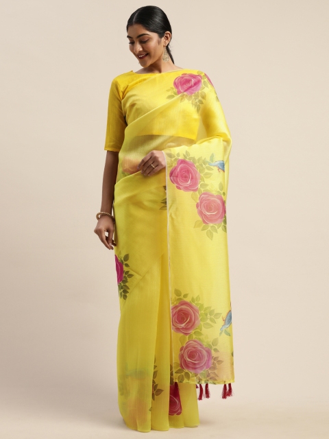 

LADUSAA Yellow Printed Organza Saree