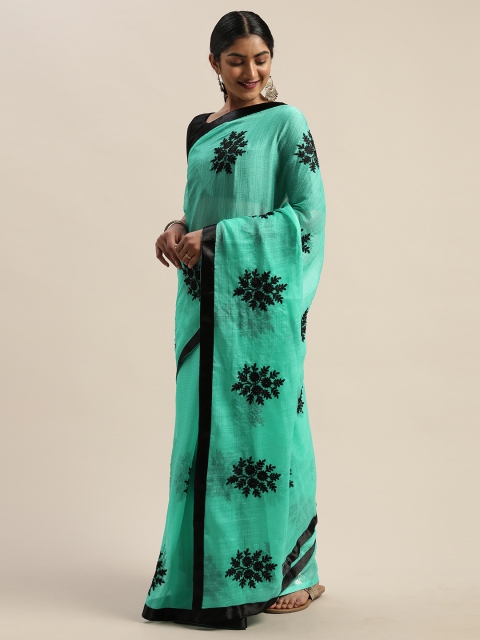 

LADUSAA Sea Green & Black Embroidered Saree