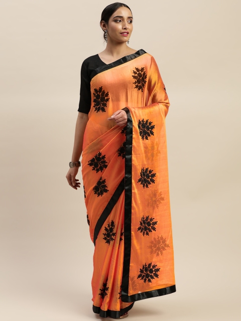 

LADUSAA Orange & Black Embroidered Saree