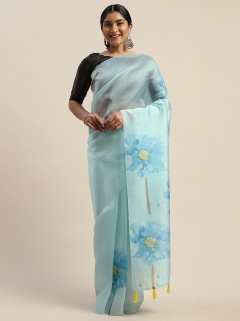 

LADUSAA Turquoise Blue Floral Printed Organza Saree