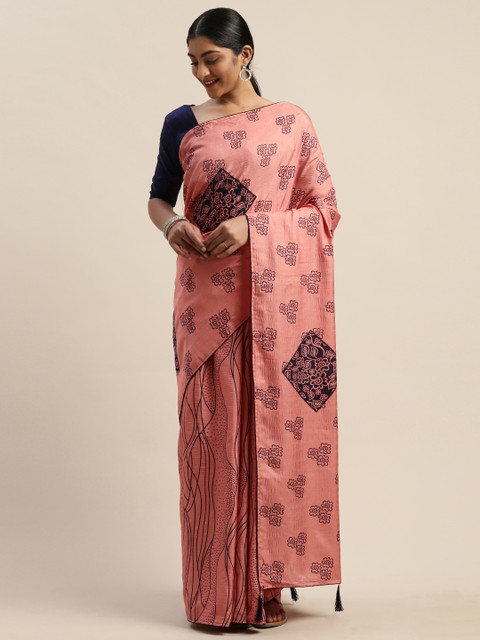 

LADUSAA Pink & Black Dola Silk Printed Ikat Saree