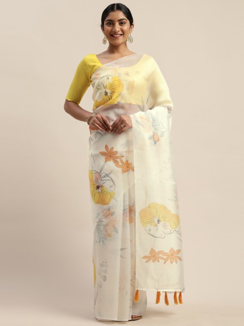 

LADUSAA White & Yellow Printed Saree