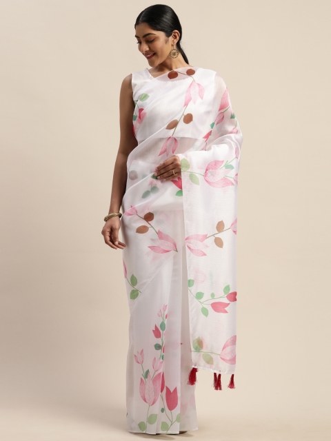 

LADUSAA White Printed Organza Saree