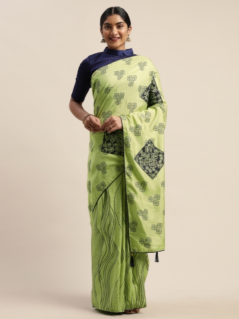 

LADUSAA Lime Green & Navy Blue Printed Celebrity Saree