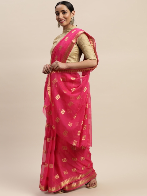 

LADUSAA Pink & Gold-Toned Woven Design Bandhani Saree