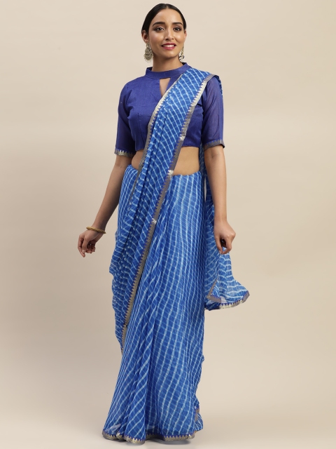 

LADUSAA Blue & White Checked Leheriya Saree