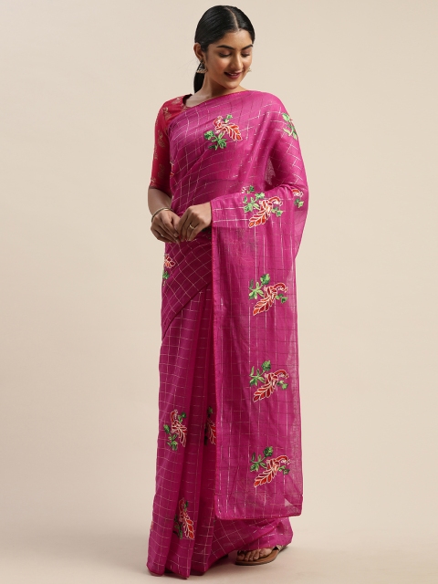 

LADUSAA Pink Silk Blend Embroidered Chanderi Saree