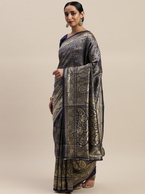 

LADUSAA Navy Blue & Golden Woven Design Kanjeevaram Saree