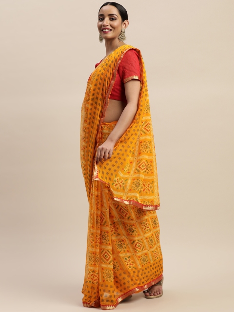 

LADUSAA Yellow Printed Bandhani Saree