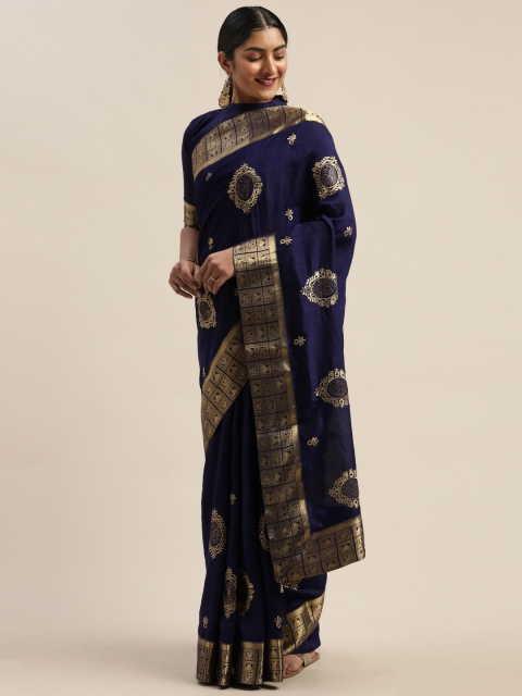 

LADUSAA Navy Blue & Gold-Toned Woven Design Kanjeevaram Saree