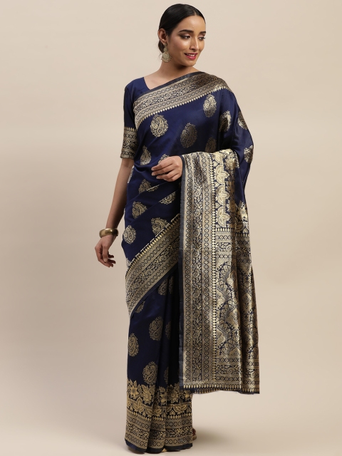 

LADUSAA Navy Blue & Gold-Coloured Woven Design Kanjeevaram Saree