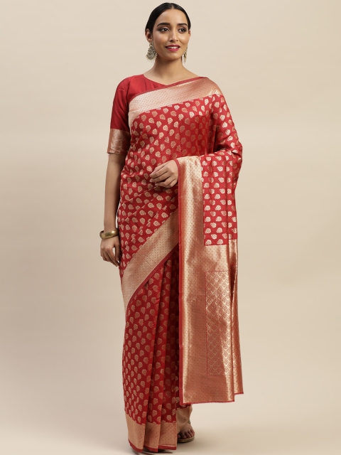 

LADUSAA Maroon Lichi Silk Woven Design Kanjeevaram Saree