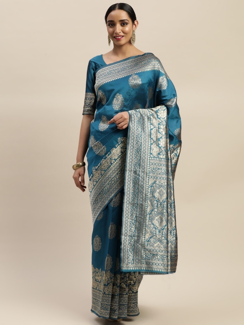 

LADUSAA Teal Blue & Silver-Coloured Woven Design Kanjeevaram Saree