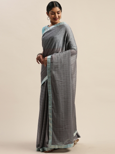 

LADUSAA Grey Solid Net Saree with Zari Border