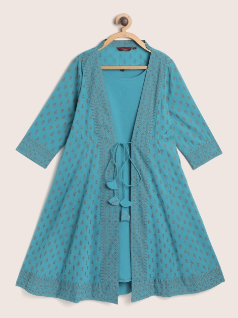 

Sangria Girls Teal Blue & Bronze-Toned Pure Cotton Printed Layered Anarkali Kurta
