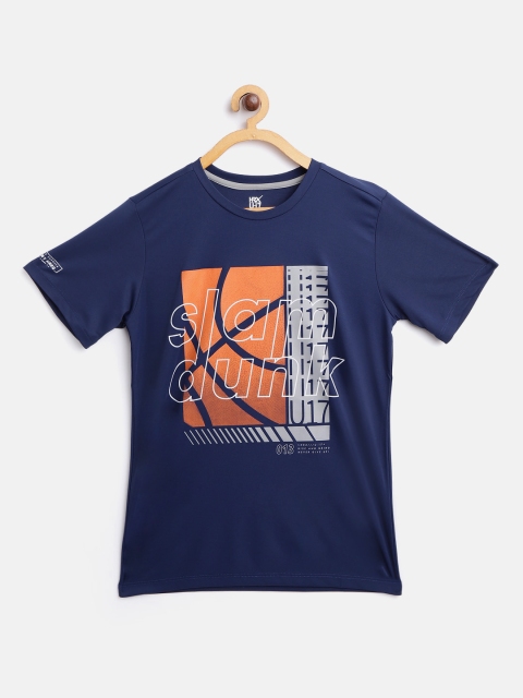 

HRX By Hrithik Roshan U-17 Boys Dress Blue Typographic Lycra Rapid-Dry Active Tshirt, Navy blue