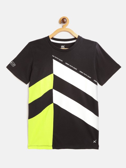 

HRX By Hrithik Roshan U-17 Boys Black Colourblock Bio-Wash Lifestyle Pure Cotton T-shirt