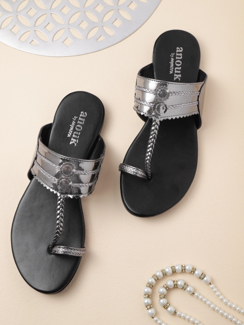 

Anouk Women Gunmetal-Toned Braided One Toe Flats, Metallic