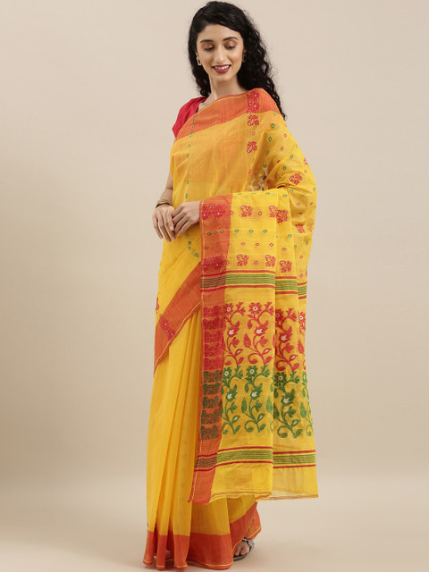 

The Chennai Silks Mustard Yellow & Red Pure Cotton Woven Design Taant Saree