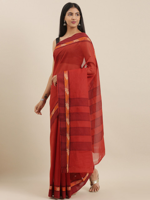 

The Chennai Silks Rust Red Pure Cotton Solid Chettinad Saree