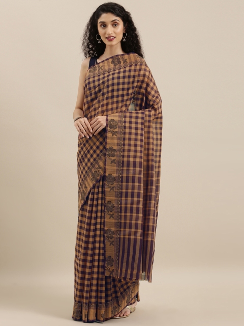 

The Chennai Silks Brown & Navy Blue Pure Cotton Checked Chettinad Saree
