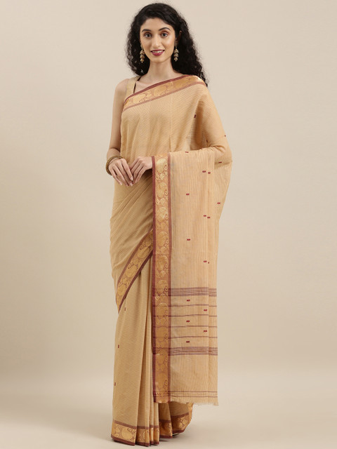 

The Chennai Silks Classicate Beige & Maroon Pure Cotton Striped Chettinad Saree