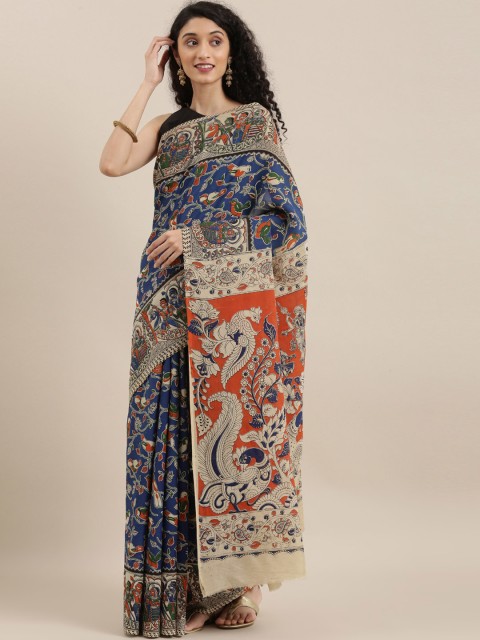 

The Chennai Silks Classicate Blue & Rust Orange Pure Cotton Kalamkari Printed Saree
