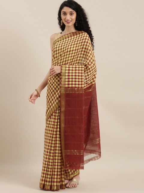 

The Chennai Silks Cream-Coloured & Red Pure Cotton Checked Saree