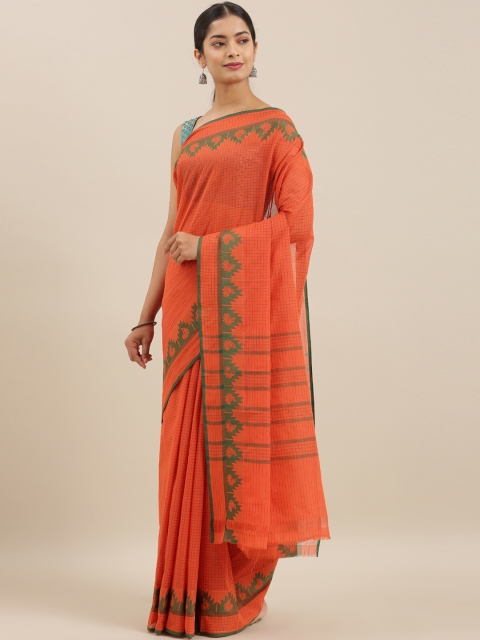 

The Chennai Silks Classicate Orange & Green Pure Cotton Checked Chettinad Saree