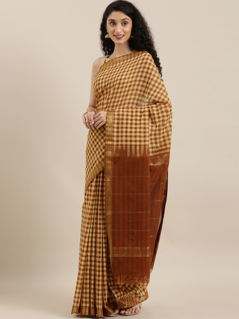 

The Chennai Silks Rust Red & Beige Pure Cotton Checked Saree
