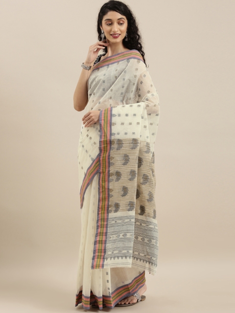 

The Chennai Silks Off-White & Grey Pure Cotton Woven Design Taant Saree