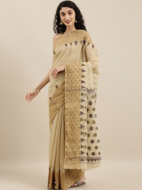 

The Chennai Silks Brown & White Pure Cotton Striped Taant Saree